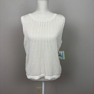 CeCe Sweater Lg Ivory Open Knit Sleeveless‎ Round Neck Pullover Ribbed Cotton